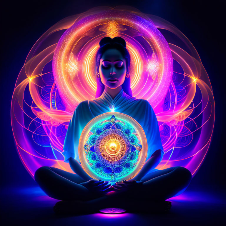 Meditative figure surrounded by glowing mandala patterns