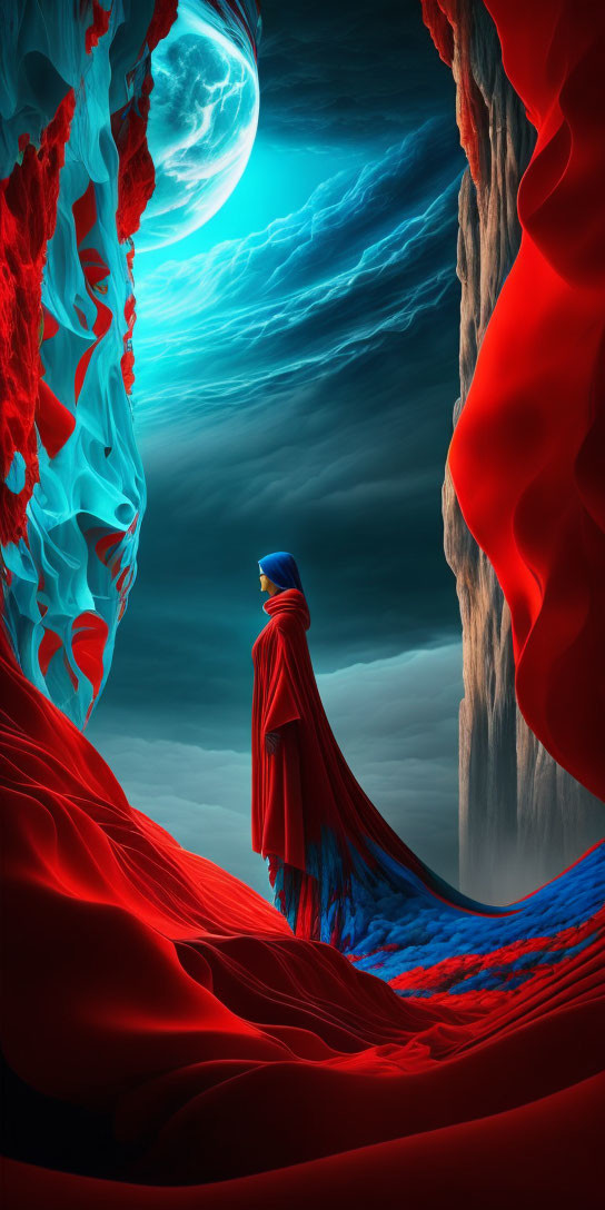 Figure in red cloak between red and blue cliffs under luminous moon