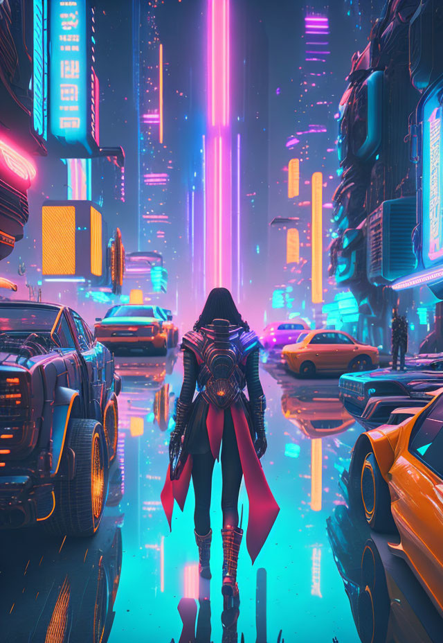 Futuristic cityscape at night with neon lights and flying cars