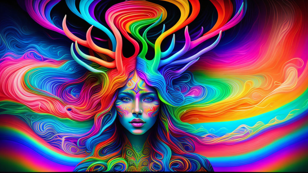 Colorful artwork of a woman with swirling, rainbow tree hair