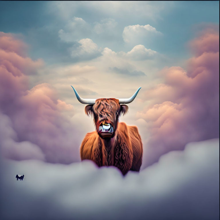 Highland cow with large horns in surreal pink clouds