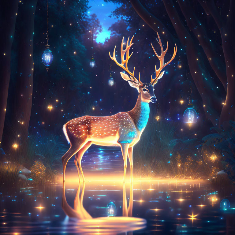 Mystical deer with ornate antlers in enchanted forest pond