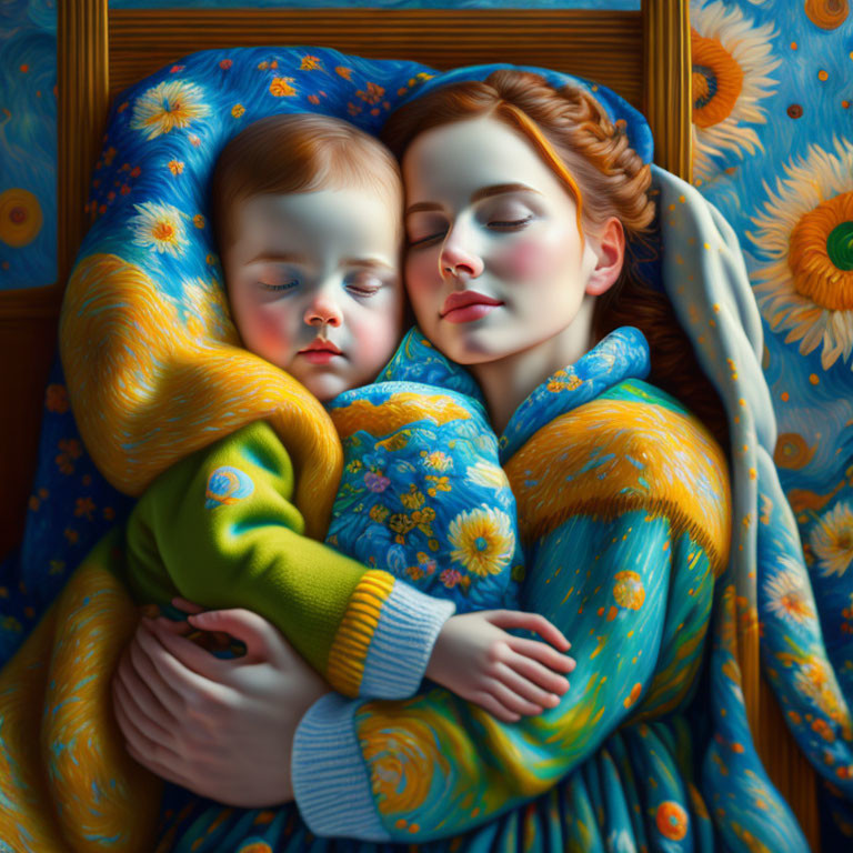 Serene mother embracing sleeping child in vibrant blue blanket