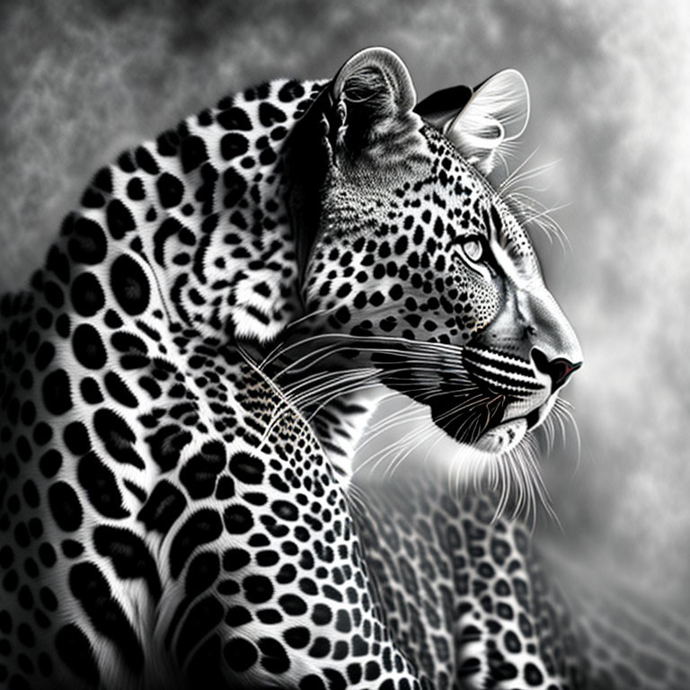 Majestic black and white close-up of a leopard's intense gaze and spots