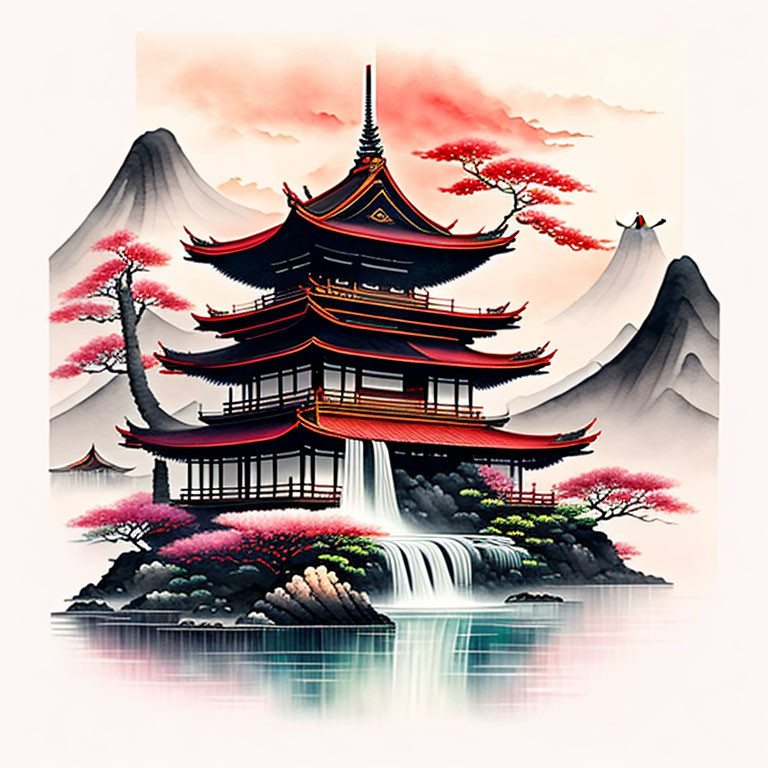 Vibrant Asian pagoda in mountain landscape with waterfall and cherry blossoms