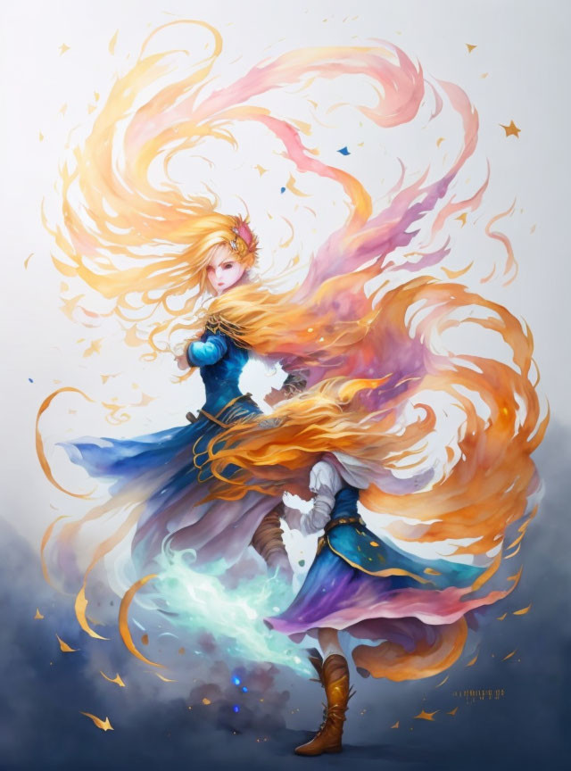 Ethereal fantasy character with orange hair in dynamic blue and purple outfit