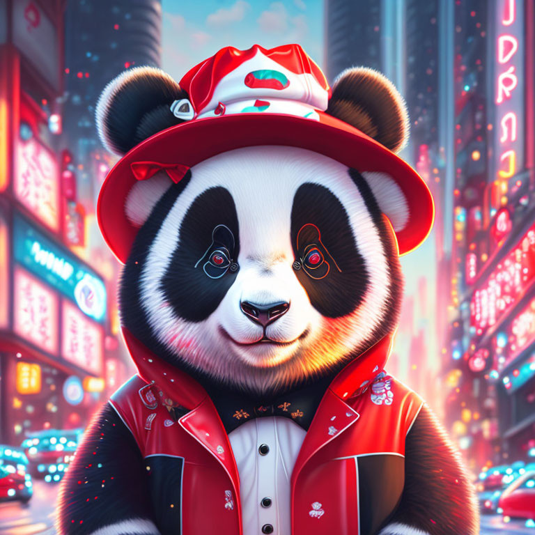 Anthropomorphic panda in red hat and jacket in neon-lit cityscape