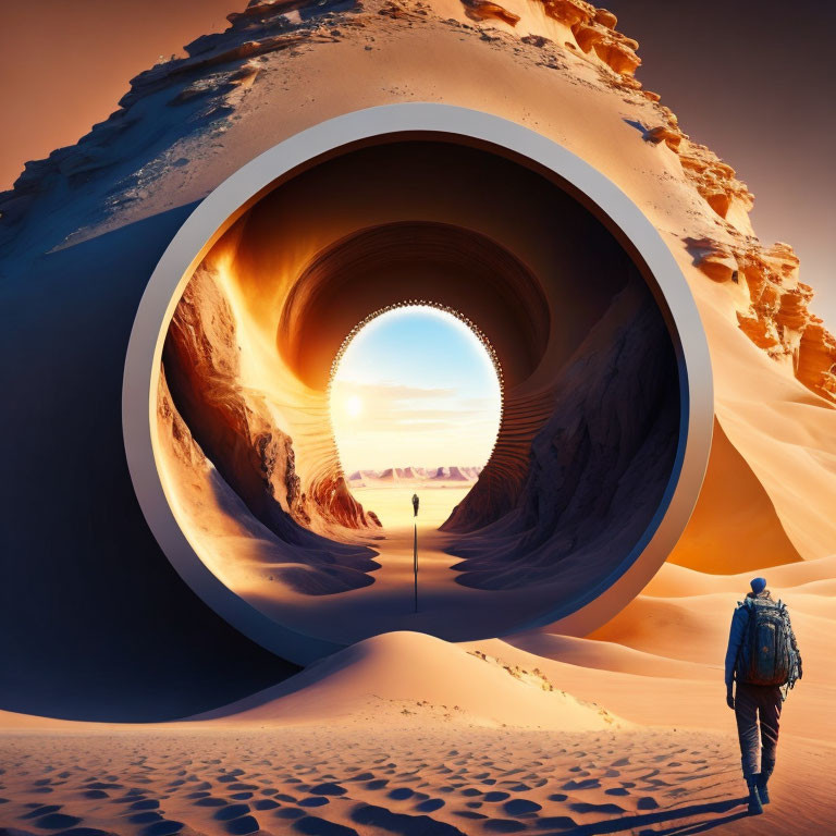 Person walking towards futuristic circular tunnel in sand dune under clear sky