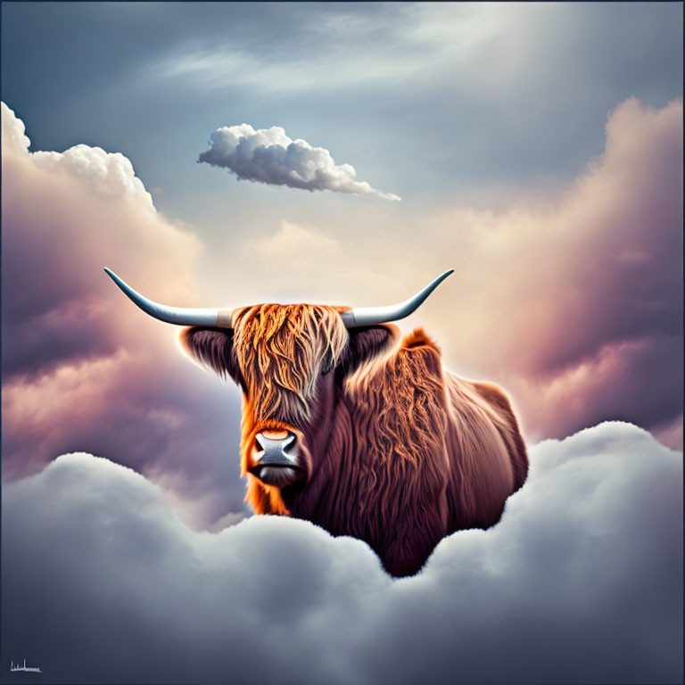 Long-horned Highland cow in fluffy clouds and serene sky.