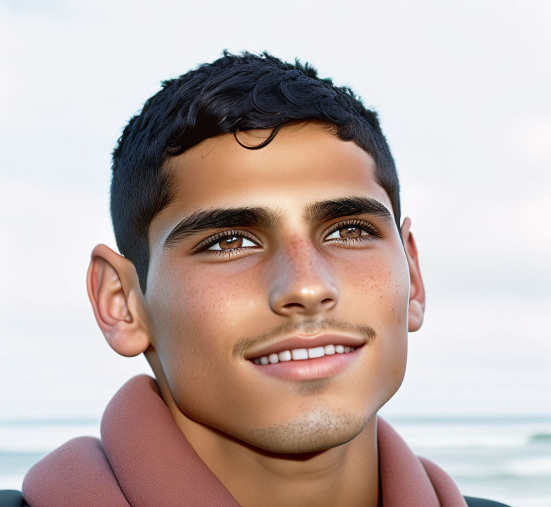 Young man portrait with olive skin and dark hair smiling subtly.