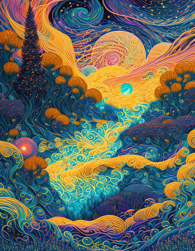 Colorful Psychedelic Landscape with Tree and Celestial Bodies