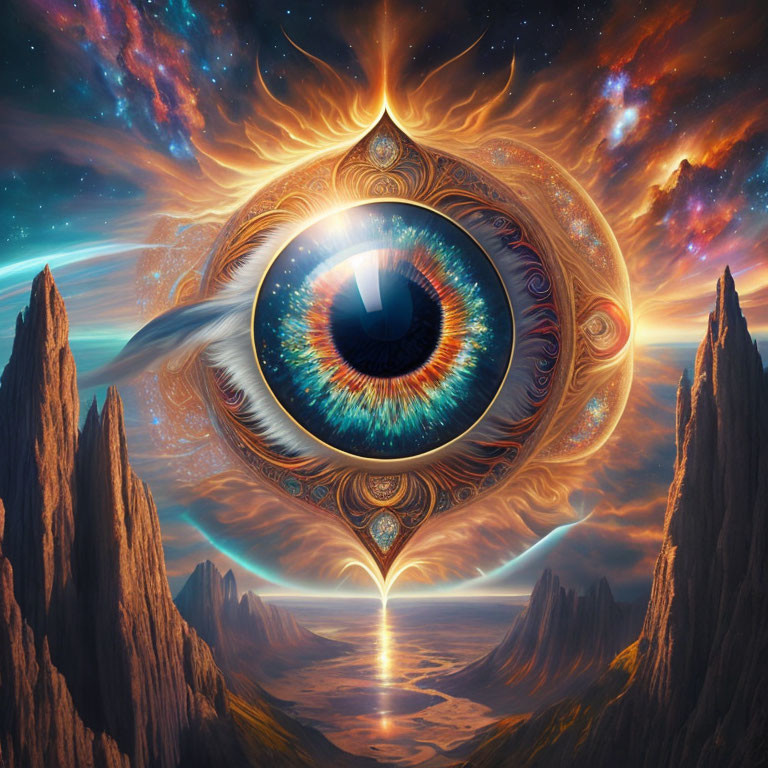 Intricate golden cosmic eye above surreal starlit landscape