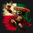 Muscular superhero in Mexican wrestler mask and sombrero toasting with beer on Mexican flag background