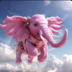 Pink elephant flying in sky with clouds - Digital art illustration