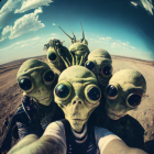 Animated Characters in Alien Helmets Taking Selfie on Desert Planet