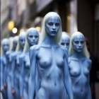 Blue-skinned humanoid figures with pointed ears in urban alleyway