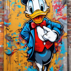 Colorful Cartoon Duck Street Art Featuring Blue Suit and Top Hat