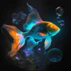 Neon-colored digital artwork of a fish with glowing bubbles on dark backdrop