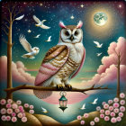 Detailed owl illustration on branch with birds and flowers under moonlit sky