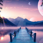 Tranquil lake with wooden dock, snowy mountains, twilight sky, moon, and stars