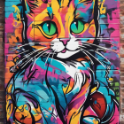 Colorful Stylized Cat Graffiti on Brick Wall with Psychedelic Patterns