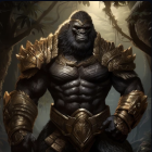 Majestic gorilla in golden armor in lush jungle