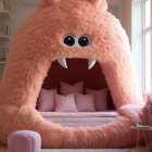 Pink Furry Monster Chair with Large Eyes and Fangs