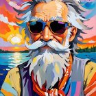 Colorful portrait of older man with white beard in sunglasses against abstract sunset backdrop