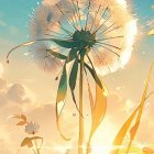 Exaggerated fluffy dandelion in golden sunset landscape