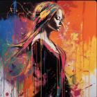 Vibrant artwork: Woman with colorful flowing hair in abstract background