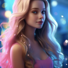 3D rendered doll with long pink hair and blue eyes in pink top