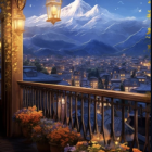 Mountain town night view: lanterns, stars, flowers