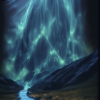 Surreal neon blue waterfall over dark hills at night