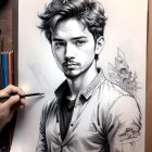 Detailed hyper-realistic drawing of a man with textured hair and intense gaze being created by an artist's