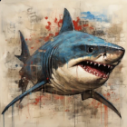 Stylized shark illustration with blue stripes and red splatter on beige background