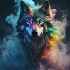 Vivid Multicolored Smoke Swirling Around Mystical Wolf