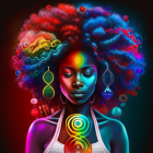 Colorful Flower Afro Portrait with Neon Lights and Jewelry