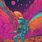 Detailed astronaut in vibrant, alien landscape with surreal planets