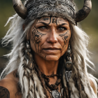 Elderly woman with intricate facial tattoos and horned headgear