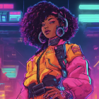 Stylish woman with headphones in neon cityscape.