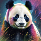 Vibrant panda art with starry night background & floral accent