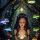 Enchanting forest scene with luminescent mushrooms and mystical woman gazing at crystal ball