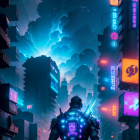 Futuristic megastructure in cyberpunk cityscape at twilight