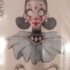 Gothic clown figures in dramatic makeup and dresses on tan background.