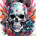 Vibrant skull and rose illustration with rifles in the background