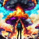 Person in Explosive Sky with Mushroom Clouds and Colorful Fungi