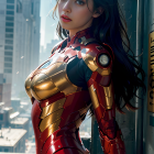 Woman in Red and Gold Armored Suit in Futuristic Cityscape