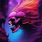 Colorful artwork: large skull, glowing patterns, figures on a path, mystical tree in ethereal