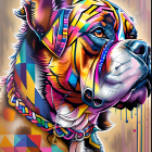 Vibrant neon-hued dog artwork on speckled brown background