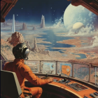 Astronaut in orange suit looks at alien landscape from spacecraft window